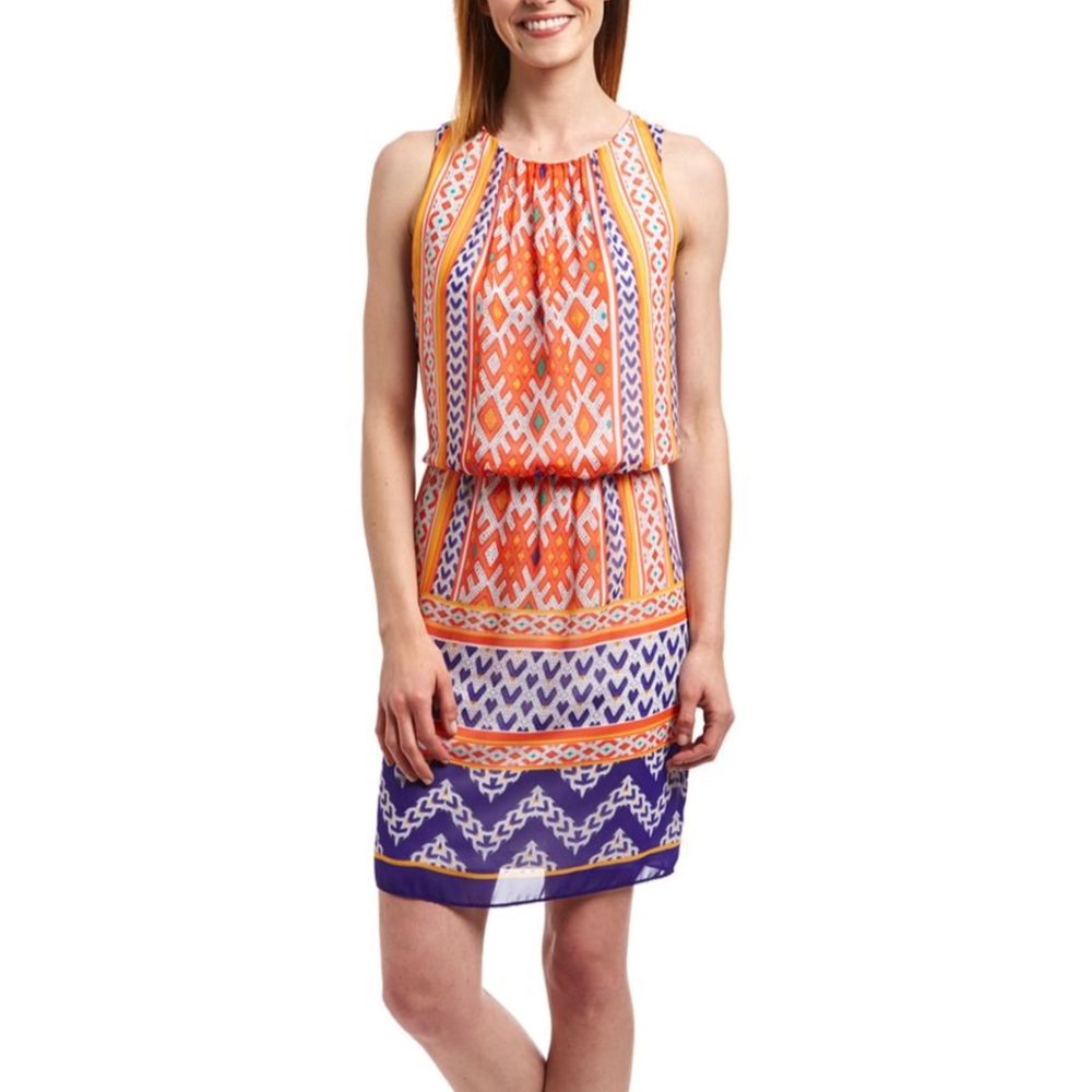 London Times Bold Aztec Print Sleeveless Cinched Waist Dress Size 10